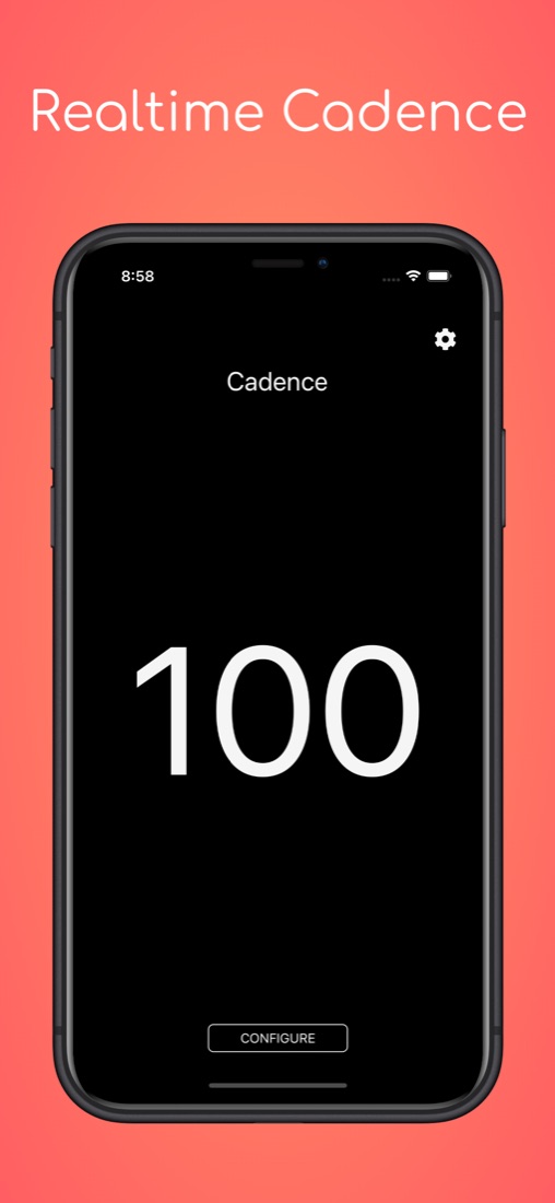 My Cadence displaying real-time cadence of 100 RPM on iPhone